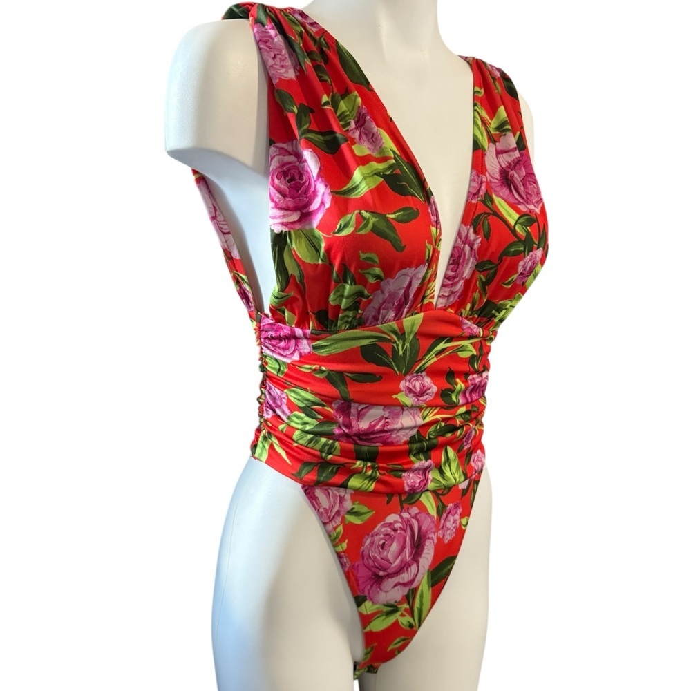 NWOTS Zara Women’s Multicolor Floral Draped Ruched Cutout Leotard Body Suit Sz S - Picture 3 of 7